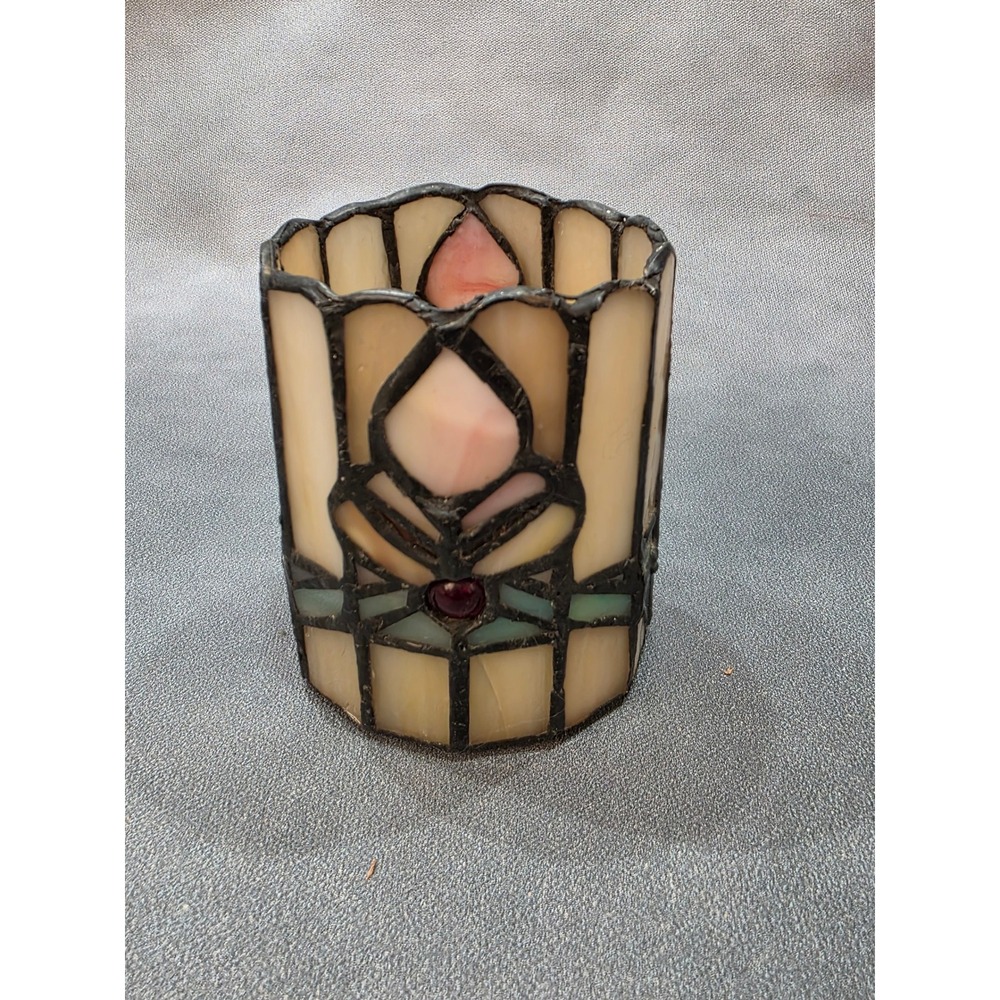 Vintage‎ Stained Glass Votive Candle Holder Slag Glass Mission Style Cream Pink